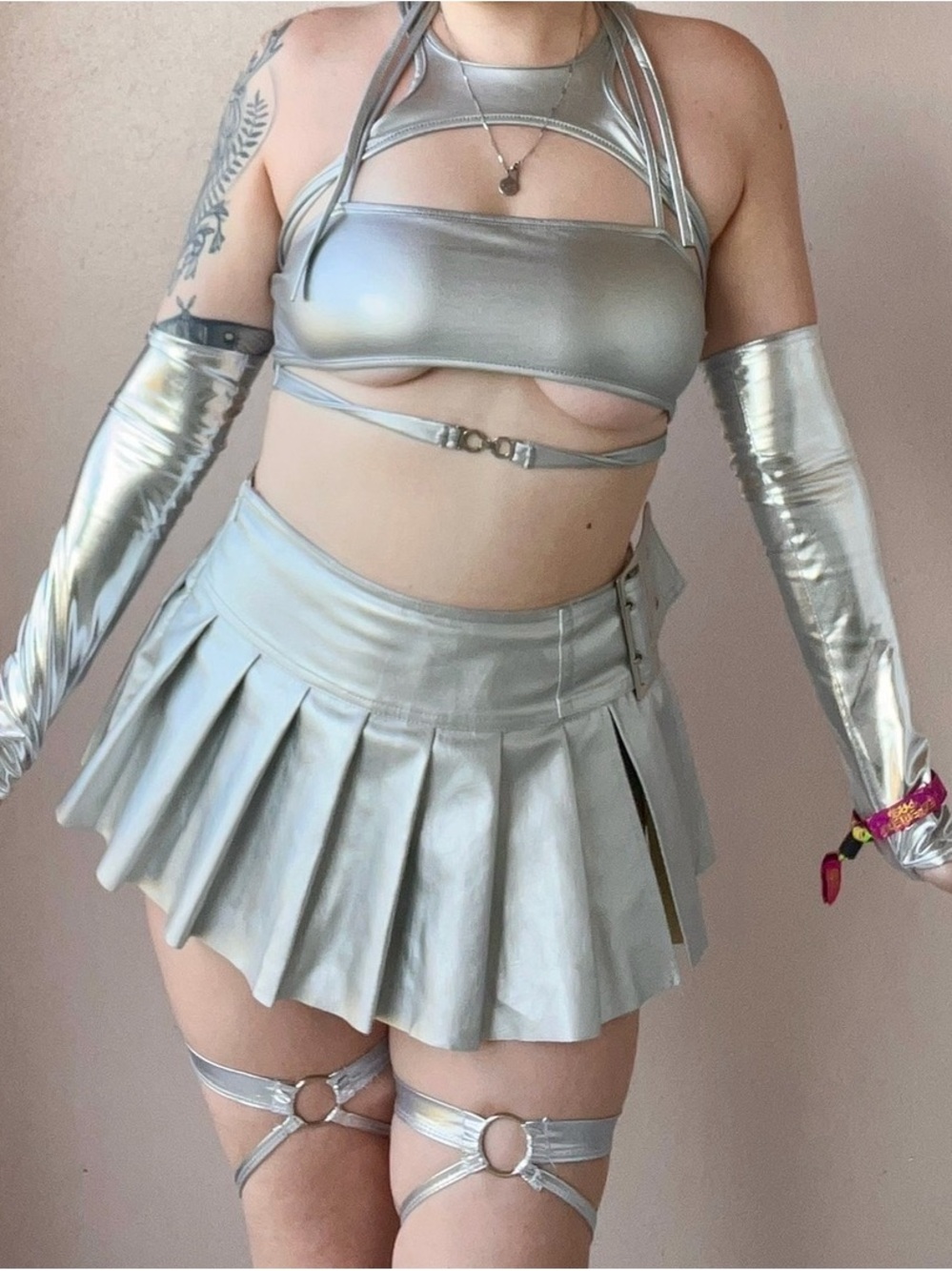 Rave Set, Alien, Metallic Silver Pleated Mini Skirt & Top for Women